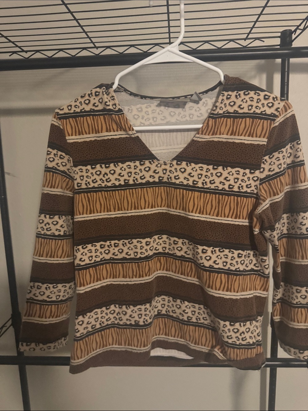 croft & barrow Brown and Tan Striped Animal-Print V-Neck Sweater